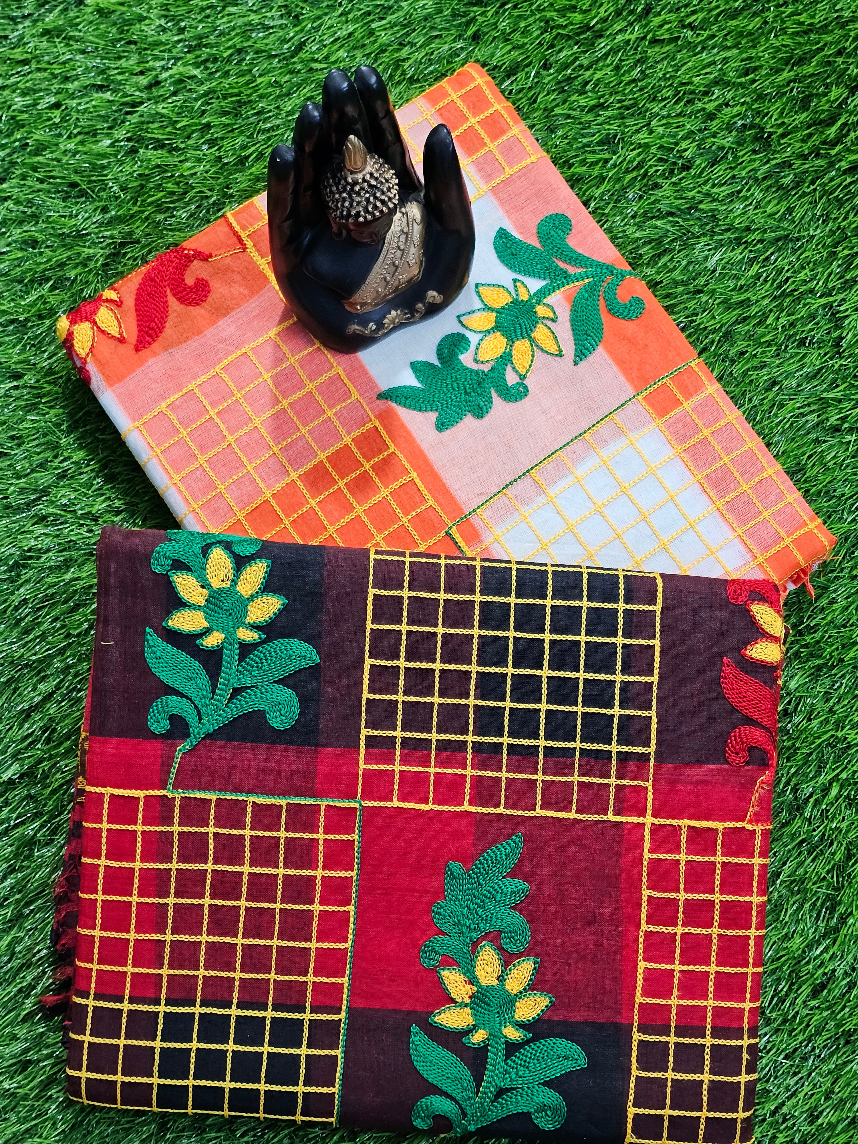 Combo of 2 Checked Floral Embroidered Cotton Sarees – Orange & Maroon Traditional Daily Wear Sarees