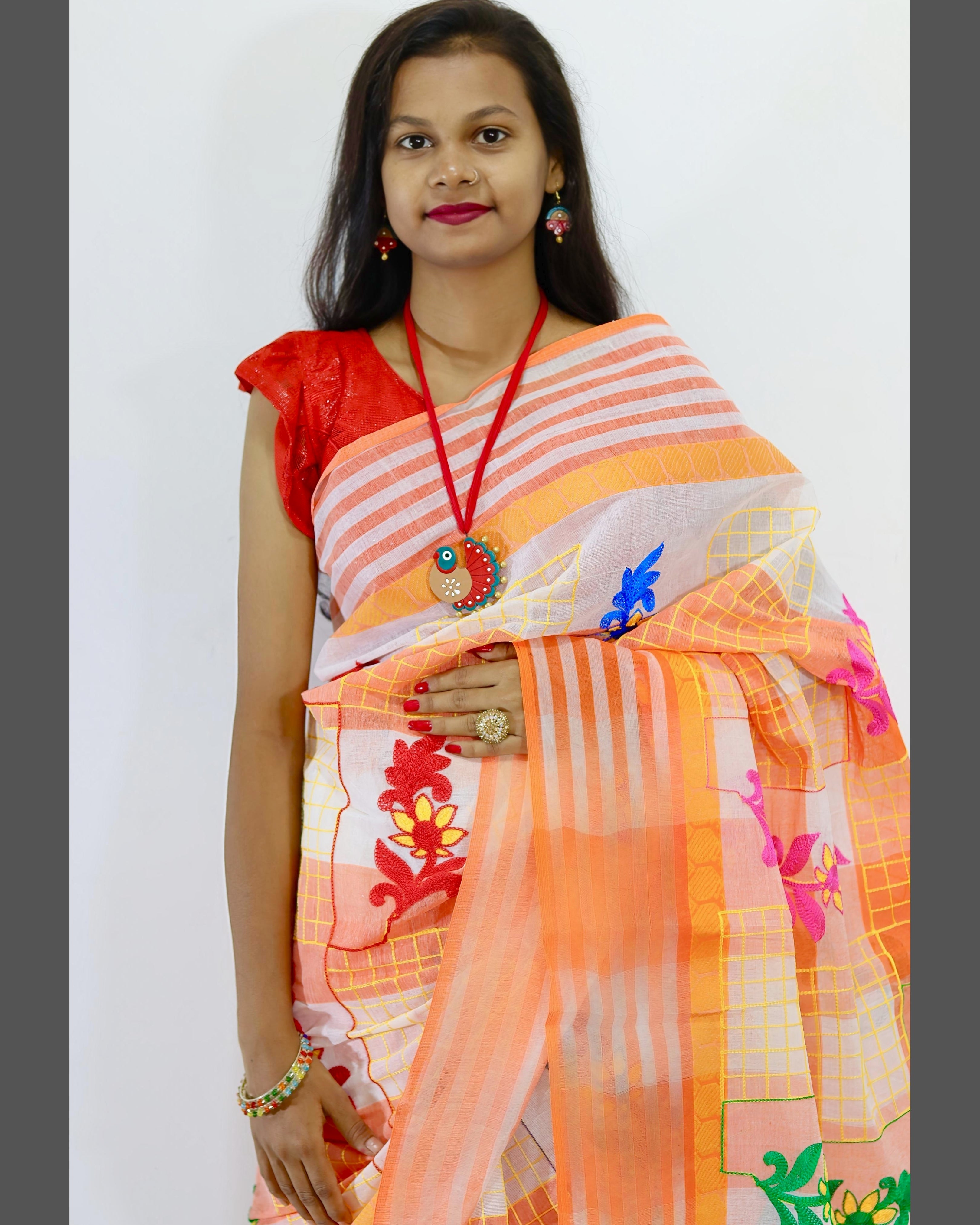 Cotton Saree with Multicolour Floral Embroidery and Striped Border
