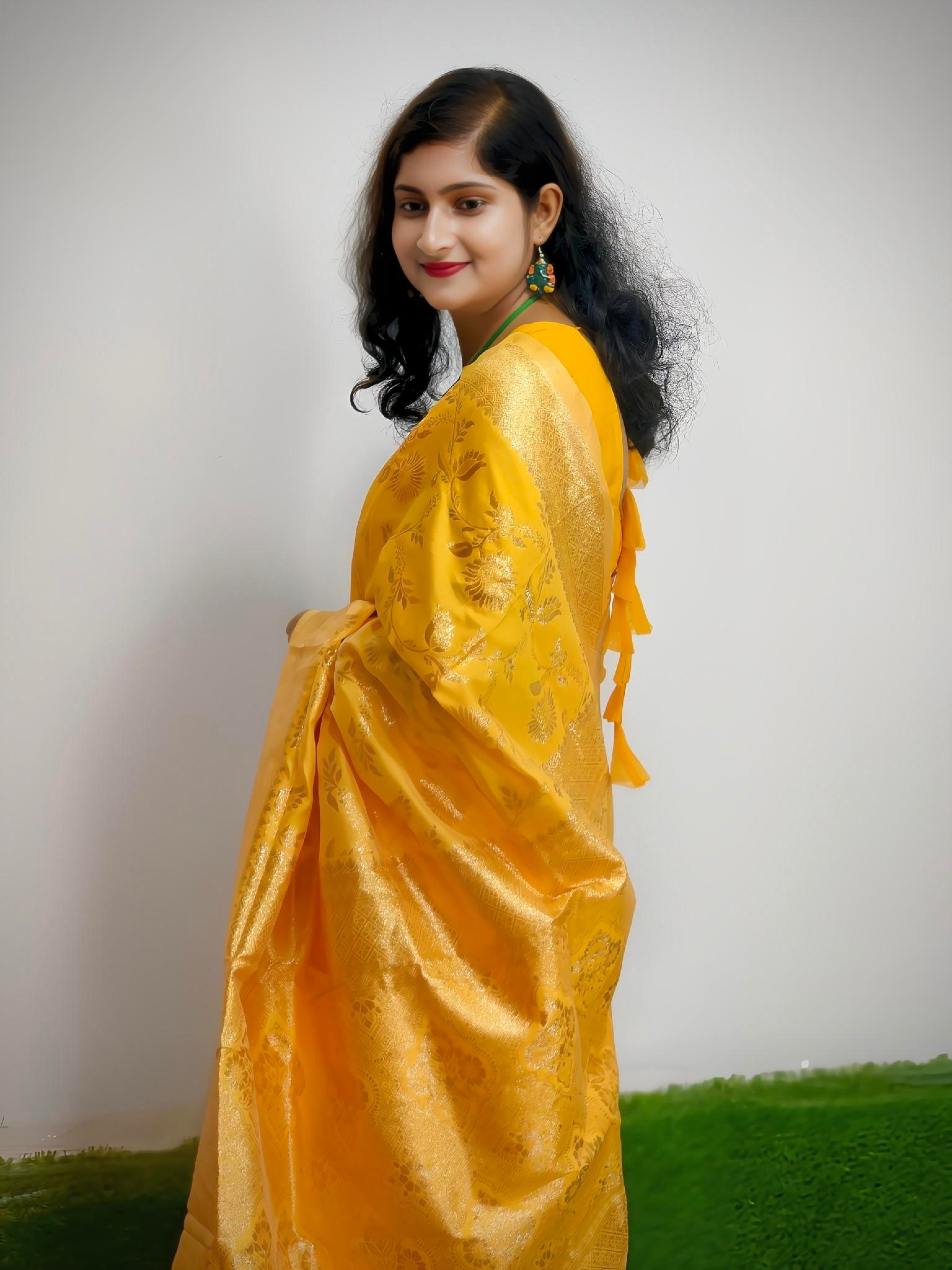 Elegant Yellow Banarasi Silk Saree with Golden Zari Weaving