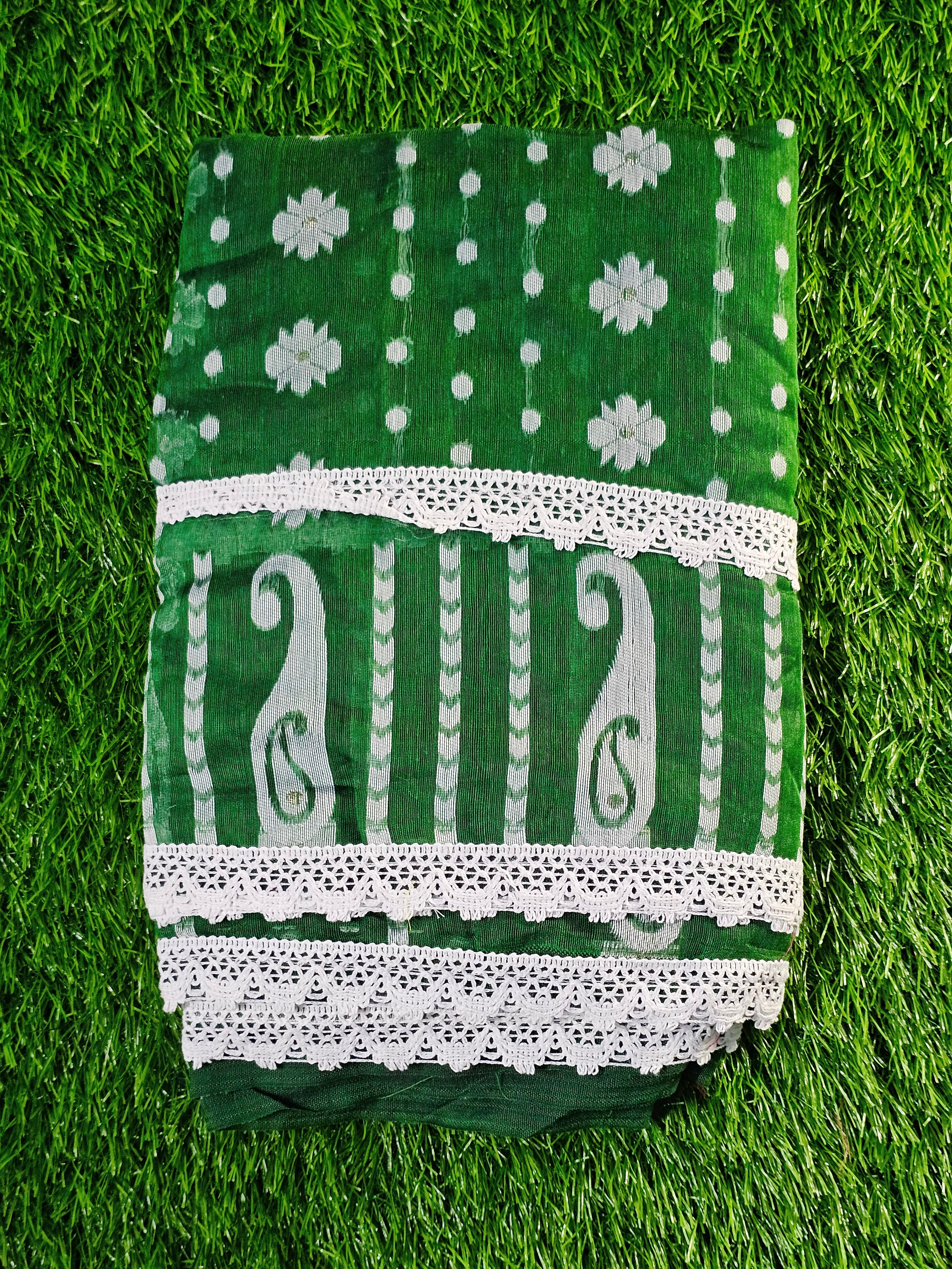 Green Cotton Jamdani Saree – Elegant Traditional Bengali Handloom Saree