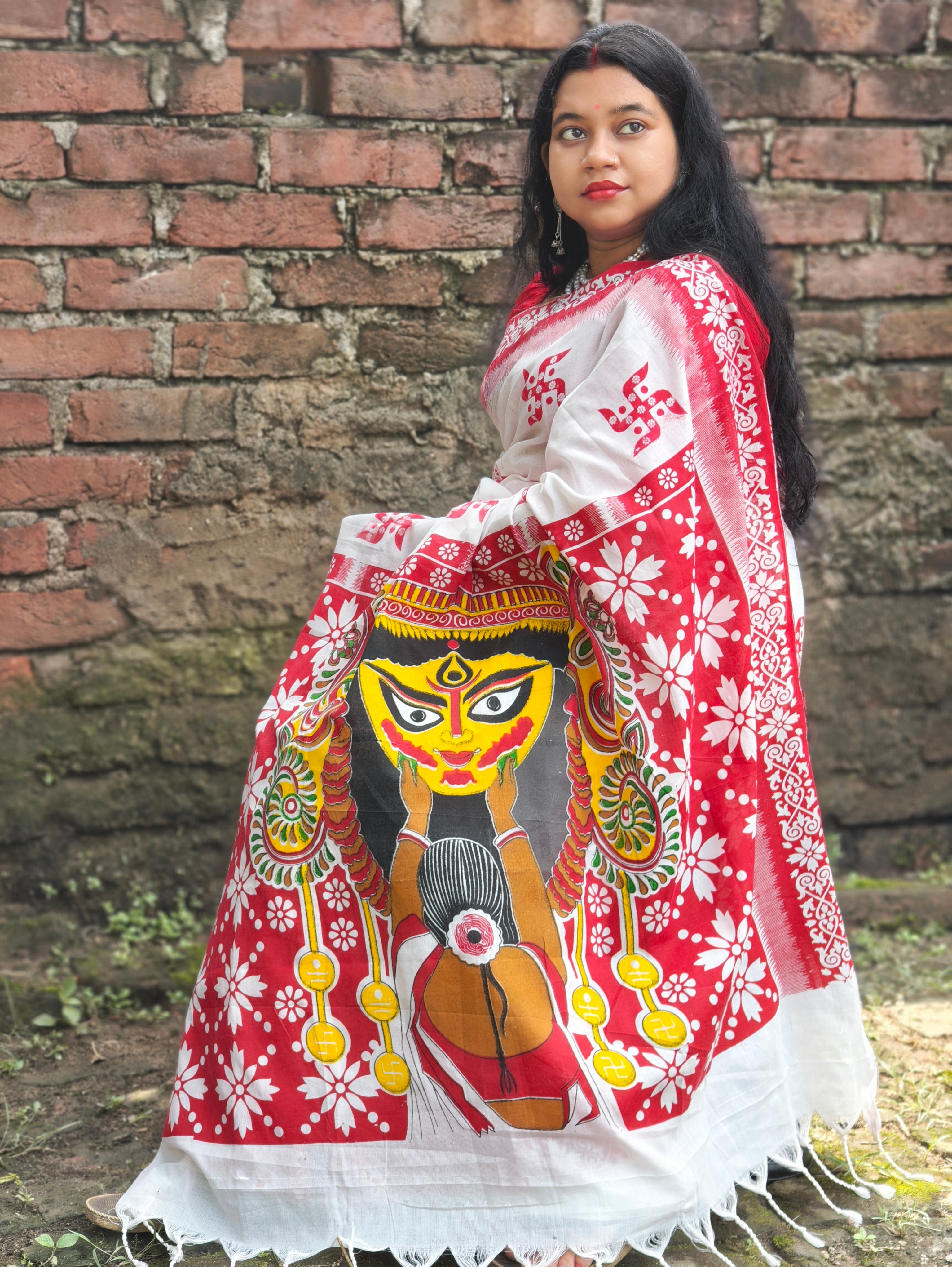 Hand Painted Maa Durga Cotton Saree