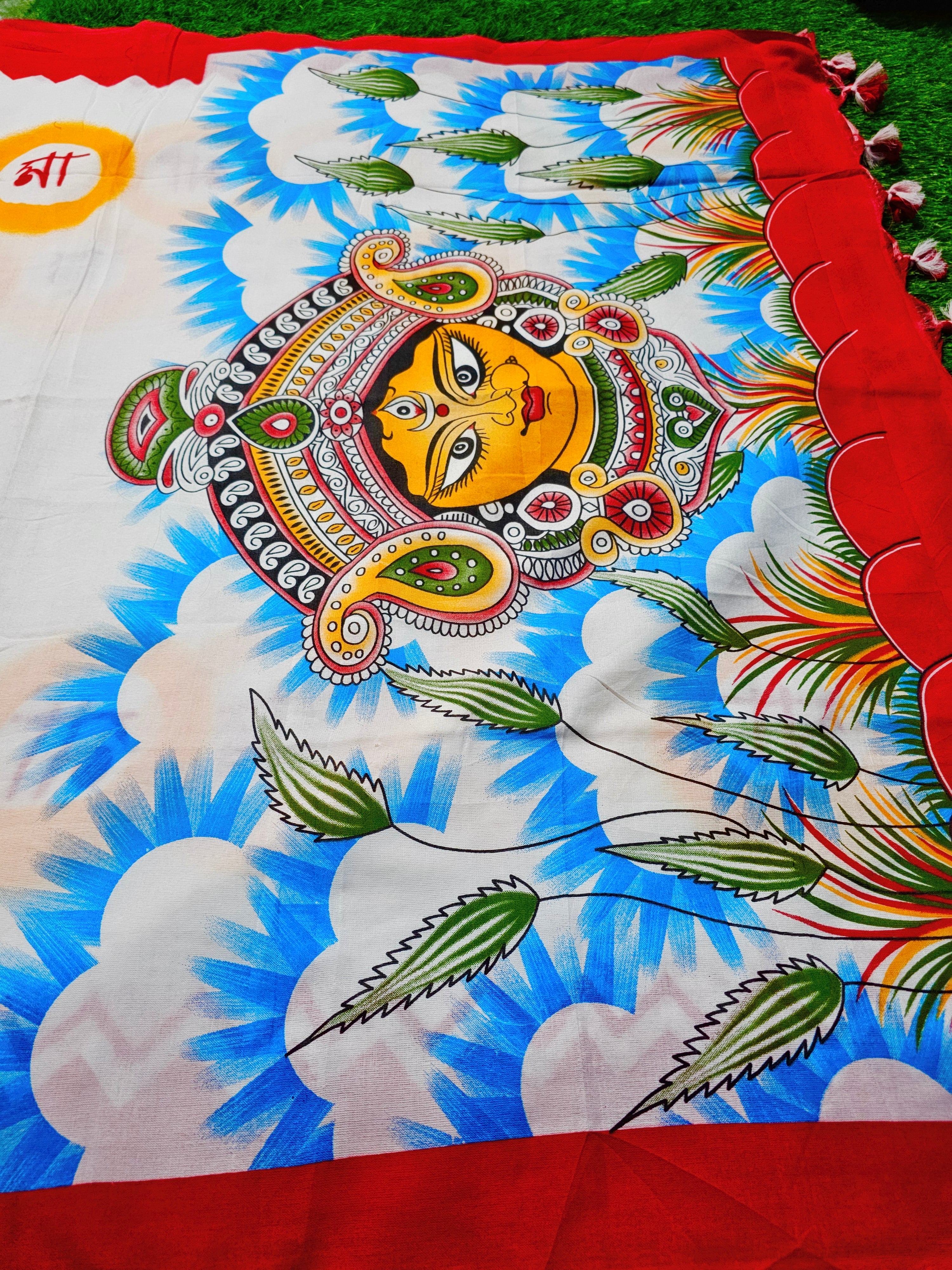 Handpainted_Durga_Face_White_khadi_Cotton_Saree