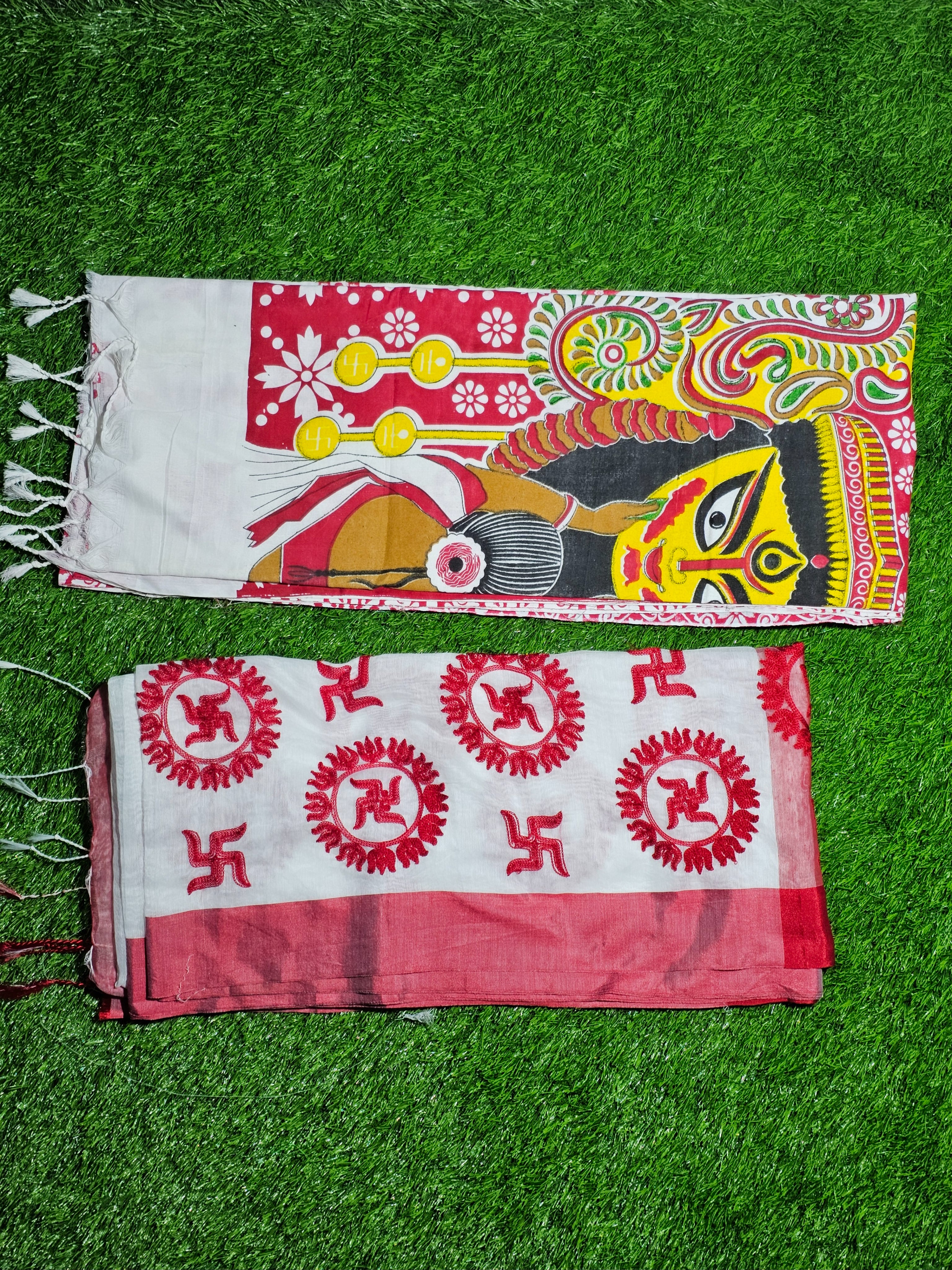 Red & White Cotton Saree Combo – Hand-Painted Durga Motif Saree & Swastik Print Traditional Saree for Puja & Festivals”