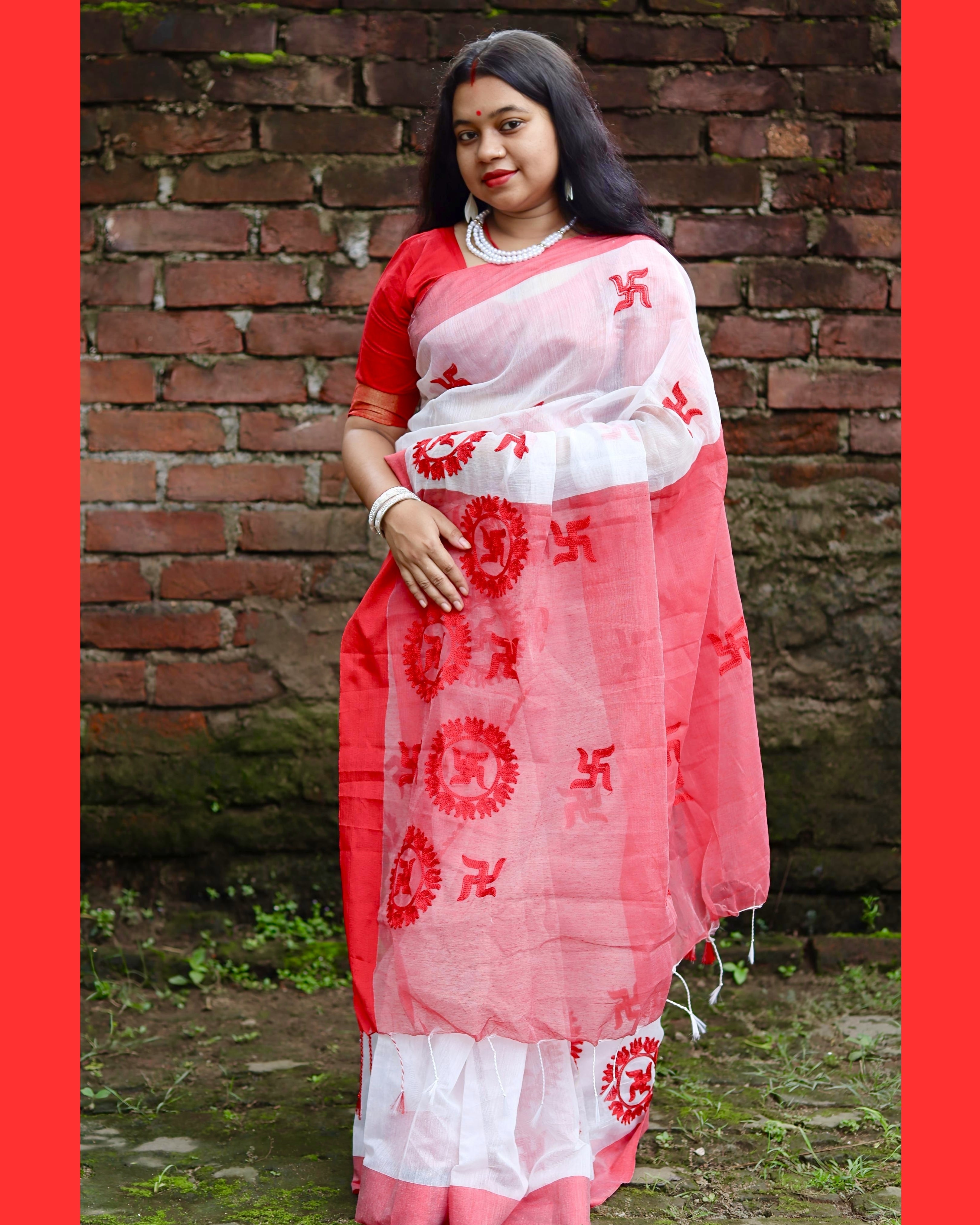 Traditional Red & White Cotton Saree with Swastik Motif Embroidery – Festive & Puja Special