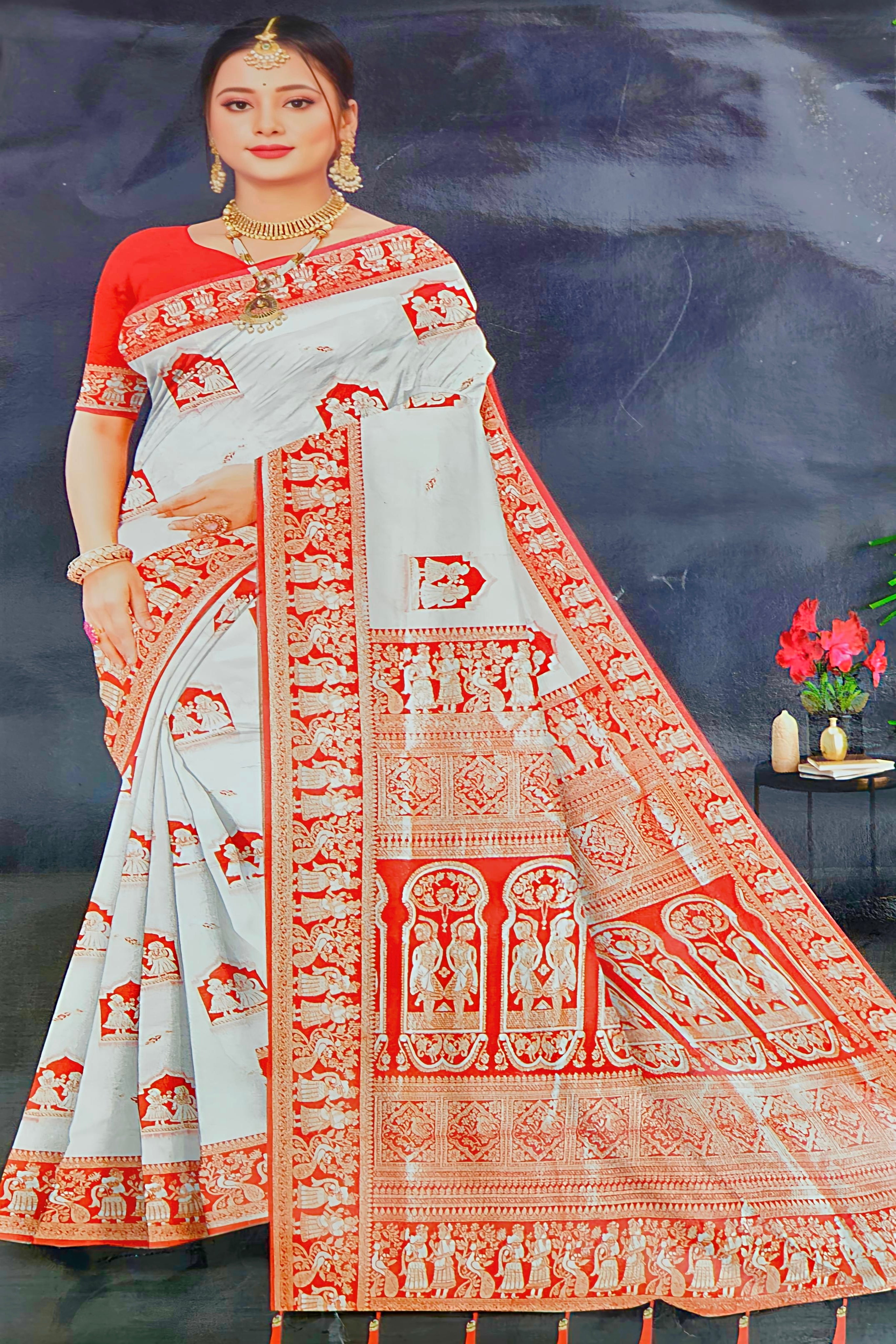 Elegant White & Red Banarasi Silk Saree with Intricate Temple and Dancing Motif Design